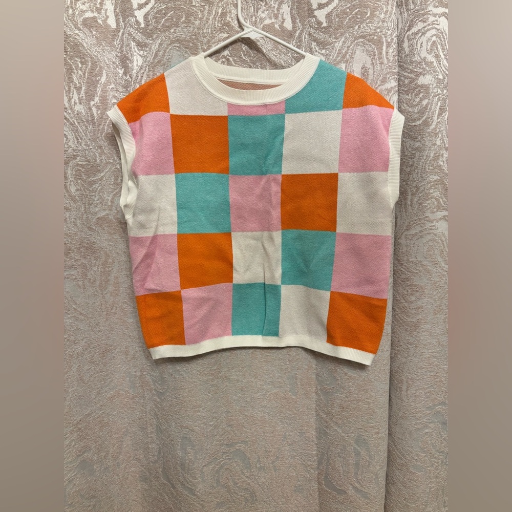 Boutique Colorful Checkered Sleeveless Top Sweater Vest  | NWOT
